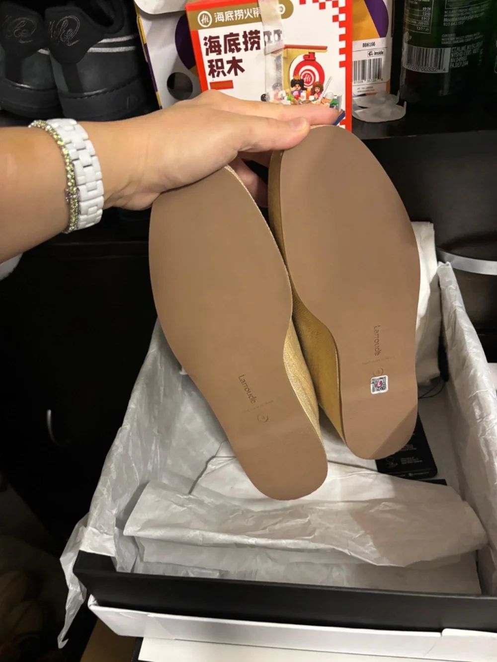 Larroude Blair platform shoes in beige raffia size 8